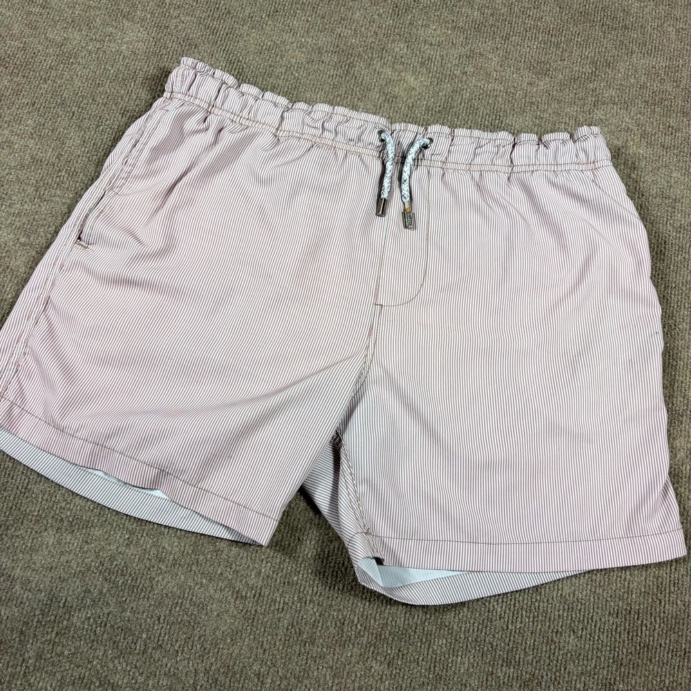 Vintage Summer Swim Shorts Mens Large White Brown Striped Seersucker Drawstring